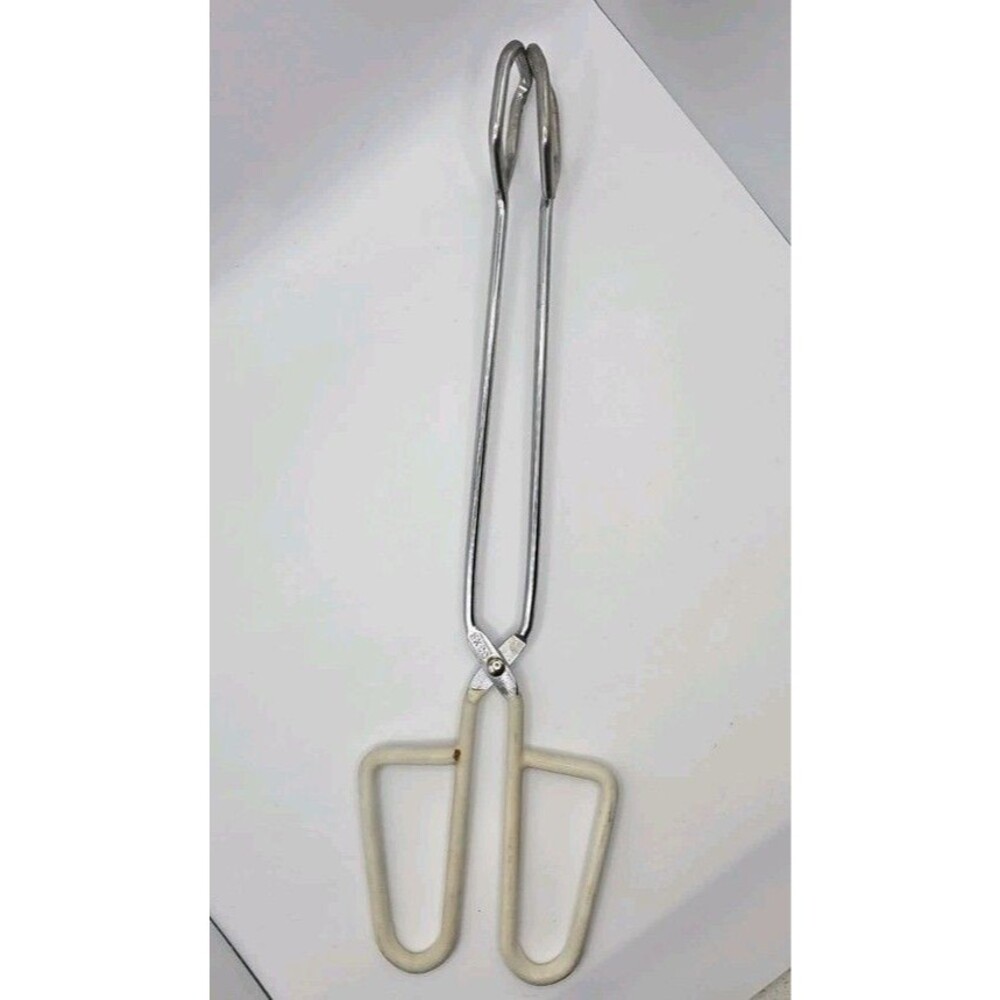 Vintage EKCO Chrome Plated Scissor Tongs White Vinyl Coated Handle 12"